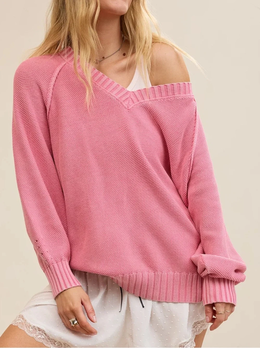 aerie Pink Off-Shoulder V-Neck Knit Sweater